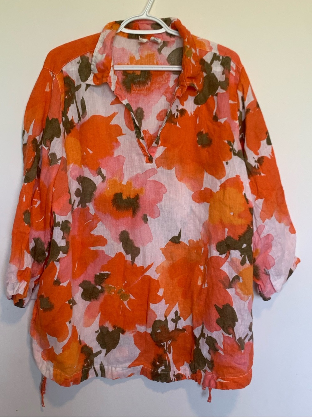 Joie 100% Linen Orange Floral Pullover Blouse Collared V-Neck Tunic Plus Size 3X